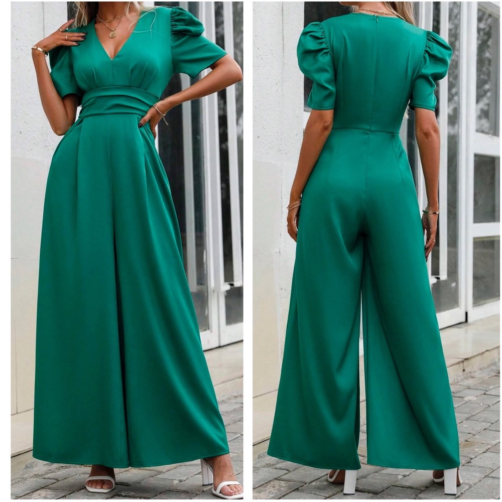 Luxe V neck Puff Sleeve Elegant Jumpsuit - Picture 6 of 6
